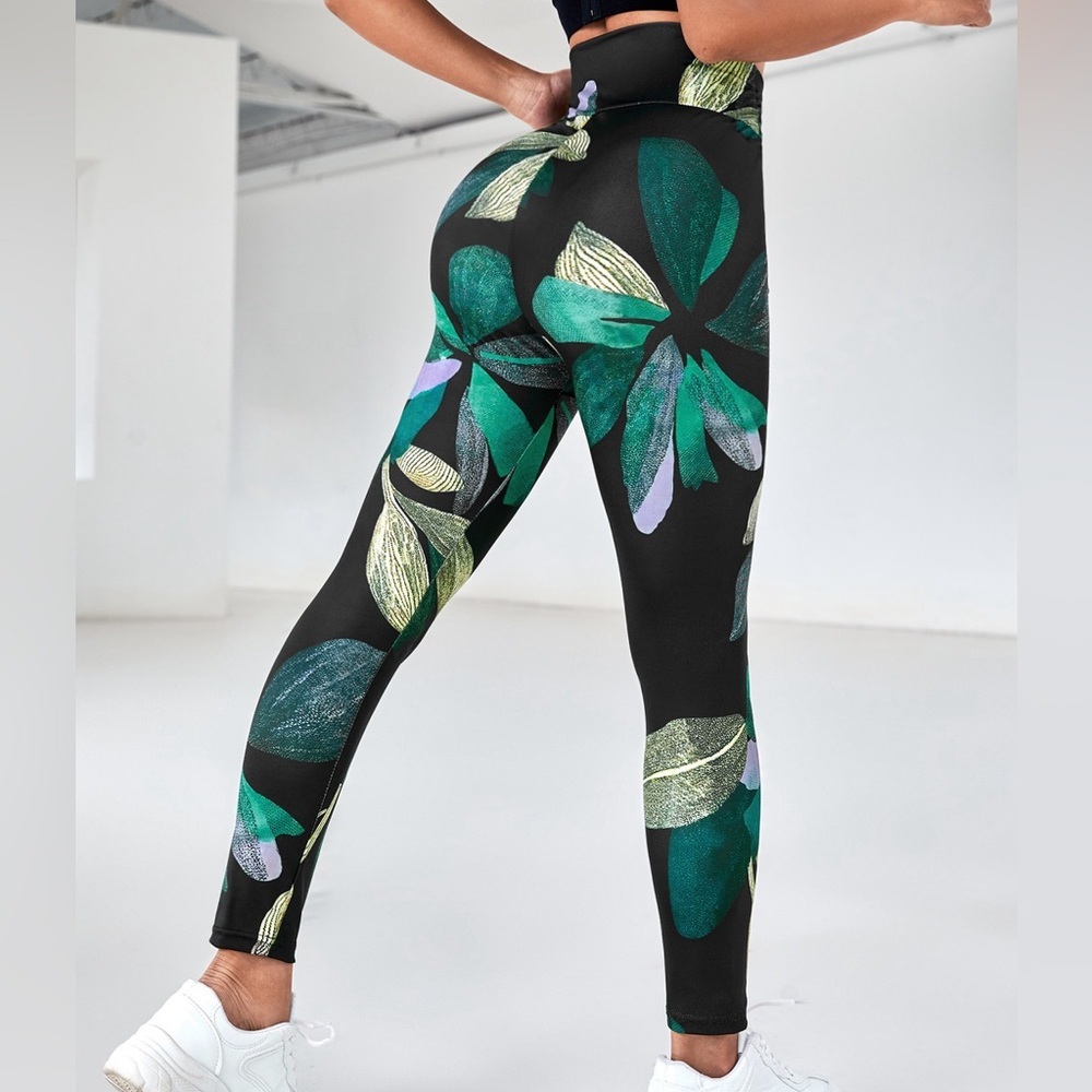 Tropical Print Wideband Waist Sports Leggings